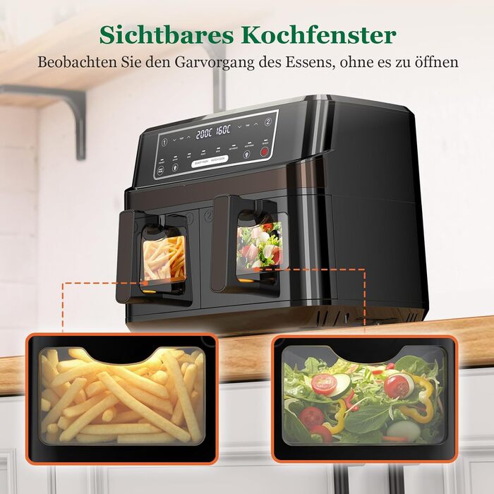 Аерофритюрниця подвійна 10л з оглядовим вікном Heißluftfritteuse 2600W, 8 в 1, сенсорне управління, до 200°C