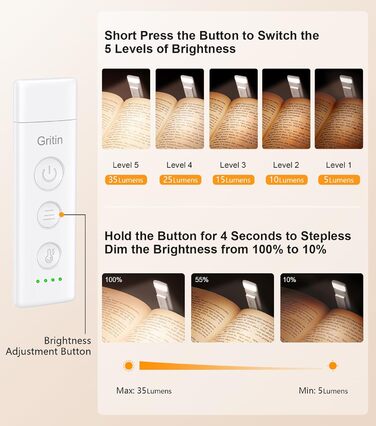 LED лампа для читання Gritin з USB-C, кріплення-прищіпка, регулювання яскравості, 3 кольори, для книголюбів