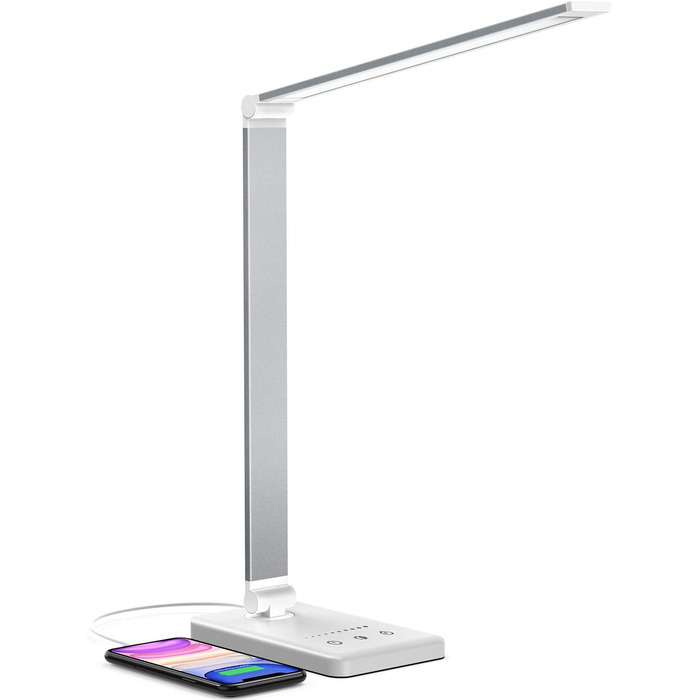 LED лампа настільна дитяча з регулюванням яскравості, 5 кольорів, 10 рівнів, захист очей, сенсорне керування, складана, з акумулятором 2500mAh, срібна
