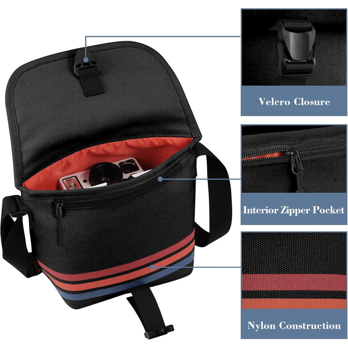 Чохол Fintie для камери Polaroid Now/Now+ Gen 2 I-Type, Polaroid Originals OneStep+/Onestep 2, з тканини, з регульованим ременем та внутрішньою кишенею, чорний з смугою