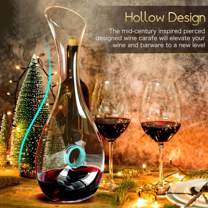 NUTRIUPS Red Wine Decanter, Crystal Glass Wine Carafe, Lead-Free Wine Carafe, Wine Decanting Vessel, Decanting Wine, Decanter in Hollow Circle Shape, 1.2L Decanter for Wine Lovers (straight)