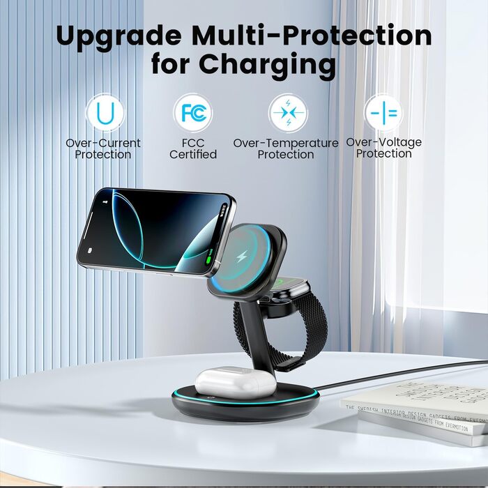 3-в-1 Зарядний пристрій MagSafe, 15W Швидка Бездротова Зарядка, Індукційна Зарядка для iPhone 16/15/14/13/12, Розумний годинник, AirPods Pro/2/3 - Чорний