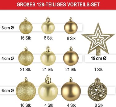 Набір прикрас на ялинку 128 шт. – 1x верхівка зірки, 127 шт. кульок, упаковка, ялинковий декор для дому та вулиці з пластику, 5 карток (золотий)