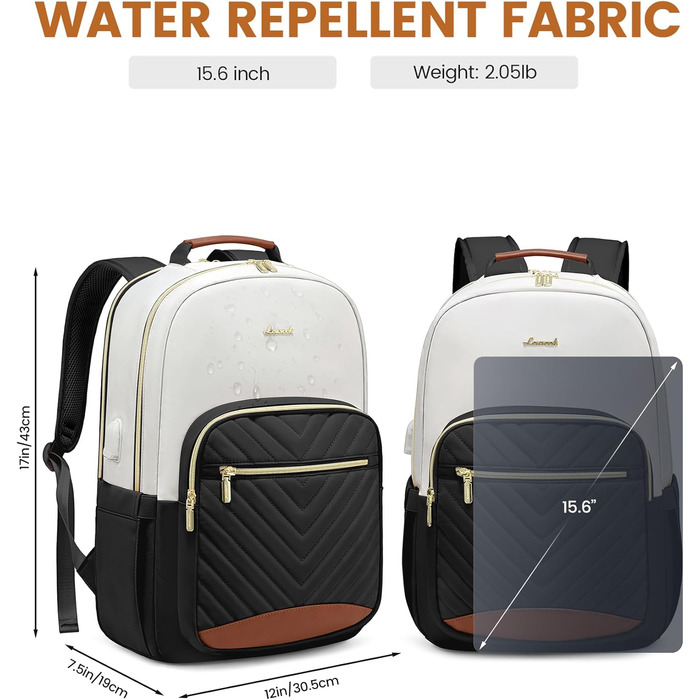 LOVEVOOK Рюкзак для жінок, великий, 15.6 дюймів, сумка для ноутбука, водонепроникний, шкільний рюкзак для дівчаток-підлітків, чорний, елегантний, сумка для роботи, для школи, університету, подорожей, 15.6 дюймів (15.6', Бежево-чорний-коричневий)