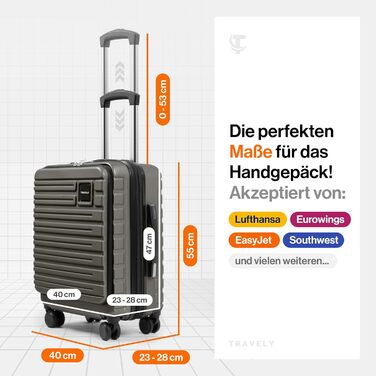 Чемодан ручної об'єм 55x40x23 см Travely Premium, розширюваний, з TSA замком та відділенням для ноутбука, 41-50 л, сірий