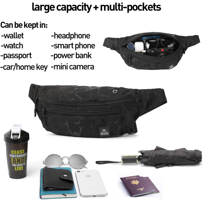 Чоловіча та жіноча поясна сумка Bauchtasche SZSYCN, фанна-пак, чорний камуфляж для спорту, прогулянок, подорожей