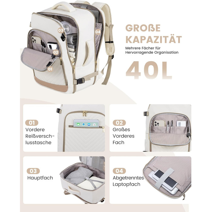 LOVEVOOK Рюкзак для ручної поклажі, 40L, жіночий, для подорожей, великий, водонепроникний, з відділенням для ноутбука 17 дюймів, валіза-рюкзак, для подорожей, роботи, бізнесу, білий, кофейний колір
