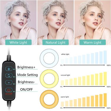 Ринглайт LED 10 дюймів зі штативом для смартфона, з пультом керування, USB, 3 режими світла, 11 рівнів яскравості, для макіяжу, стрімінгу, селфі, відеодзвінків, влогів