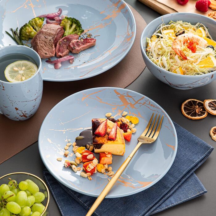 LOVECASA Сервіз столовий порцеляновий, 48-штучний набір посуду Sweet 16, сервіз для їжі з золотим декором, для 4-12 осіб, лавандовий колір