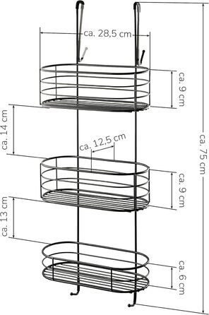 Bremermann Shower Shelf, 3 Tiers, for Hanging, with Removable Hook and Four Fixed Hooks, Black