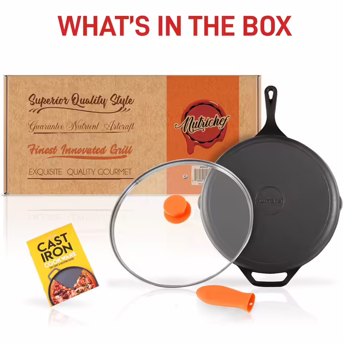 NutriChef Frying Pan with Lid, 30cm - Frying Pan - with Ergonomic Silicone Handle & High Rim, Pan made of Cast Iron, Non-Stick Coated, for Induction, Ceramic, Gas & Electric, PFOA & PFOS-Free 30cm Frying Pan