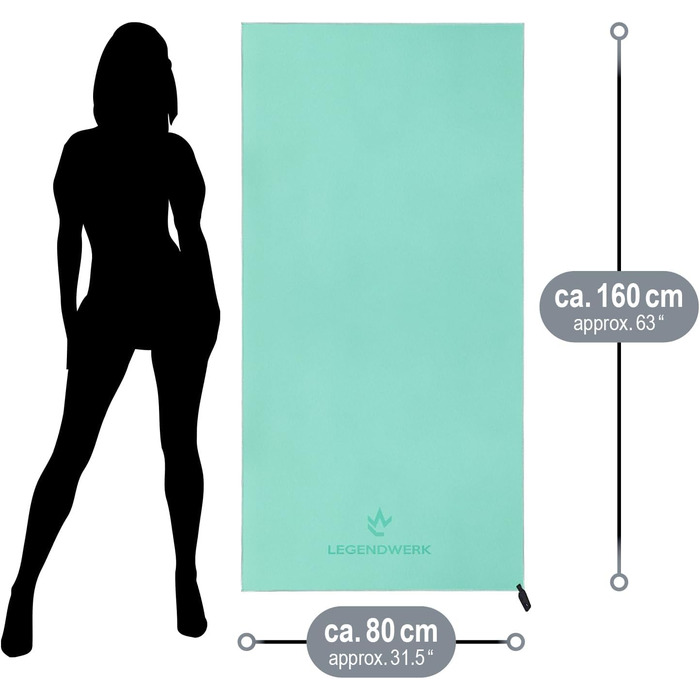 Рушник з мікрофібри Legendwerk® 160x80 см – швидковисихаючий, компактний, для подорожей, фітнесу, міста та відпочинку на природі – легкий, стильний, з сумкою та петлею для підвішування, 1 шт. (Турквіс)