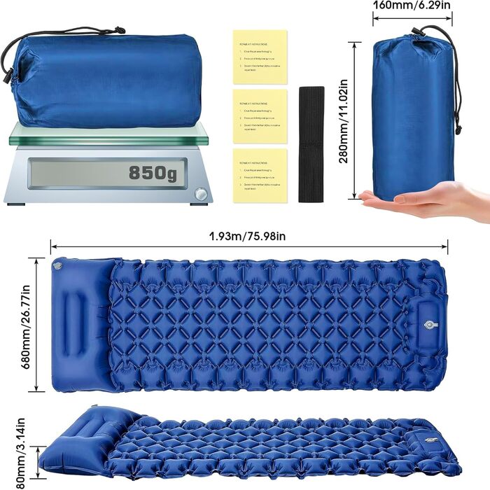 Каремат туристичний Raxfekro самонадувний, 8 см товщиною, з помпою та подушкою для кемпінгу, подорожей та відпочинку на пляжі