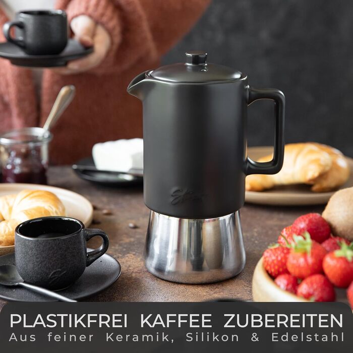 Stone Age Design Ceramic Espresso Maker (300ml) - Espresso Maker Induction suitable for all stovetops - Moka pot with stainless steel base and ceramic pot - Stainless steel espresso maker