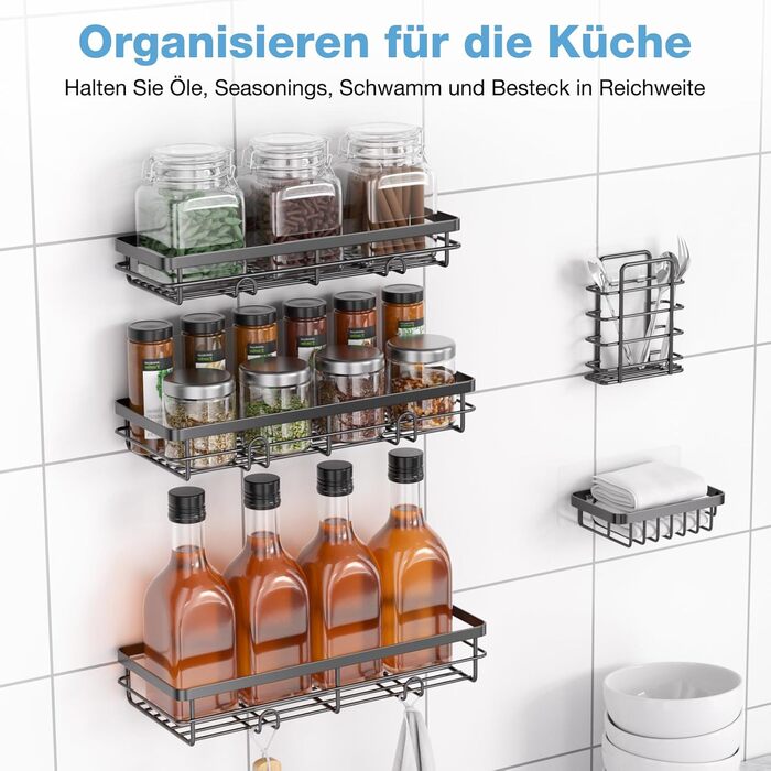Поличка для душу без свердління, 5 шт. Органайзер для ванної кімнати, кутова поличка для душу з гачками, самоклеюча поличка для ванної та кухні (Чорний)