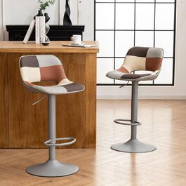 YOUNIKE 2-Piece Adjustable Bar Stools - Boho Patchwork Design - Swivel Kitchen Bar Chairs with Hollow Backrest - Yellow Green (Gray Beige)