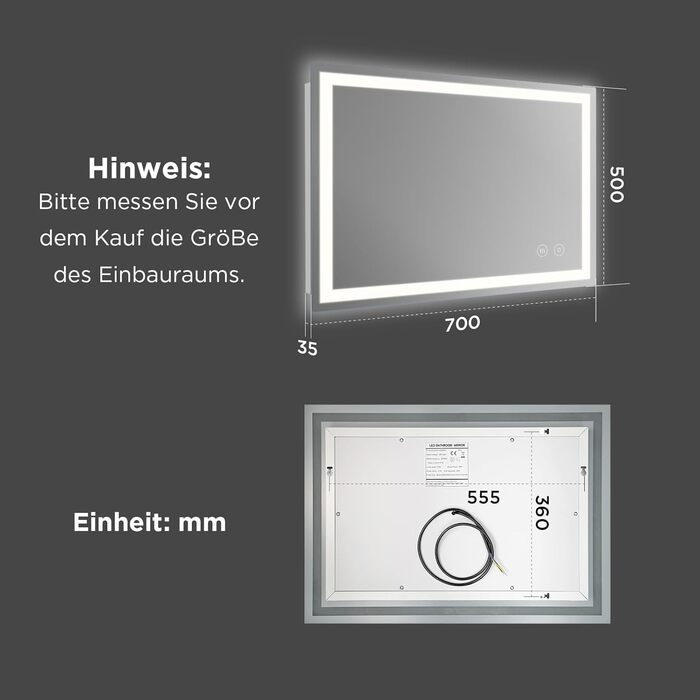 Дзеркало для ванної кімнати з підсвічуванням 50x70 см, сенсорне керування, протитуманне покриття, 3 кольори світла, регулювання яскравості, пам'ять налаштувань, матове, прямокутне