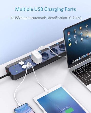 BESTEK Розподільник розеток 6-фазний з USB, захист від перенапруги 900 Дж, настінний, з вимикачем, синьо-білий, кабель 3 м