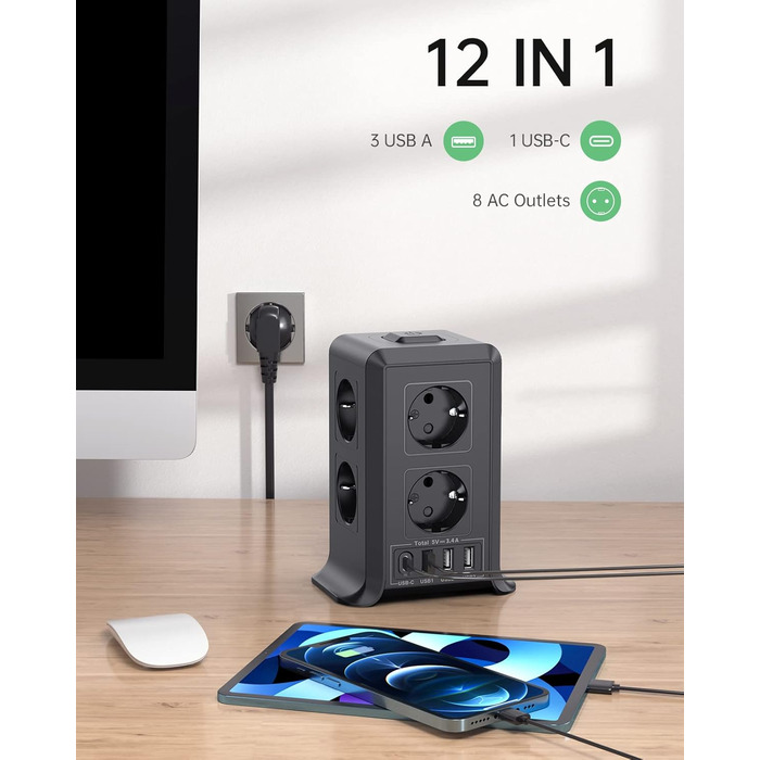 Багаторозкладна мережева панель Sameriver 8-fach з вимикачем, 4 USB, захист від перенапруги, 2м кабель, чорний