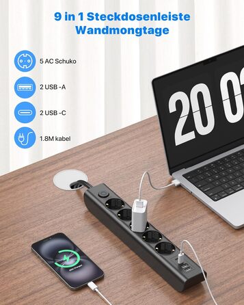 Мережевий фільтр Steckdose 8 в 1 з USB, 3680W, з вимикачем, 16A, 2 USB-C, для смартфонів, ноутбуків, iPad, 1.8M кабель, білий (чорний 5AC)