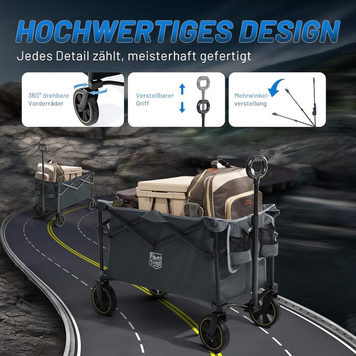 Універсальний складаний візок Timber Ridge Bollerwagen 200L з підсклянником, регульованою ручкою, для пляжу, кемпінгу, саду, максимальне навантаження 150 кг (Сірий)