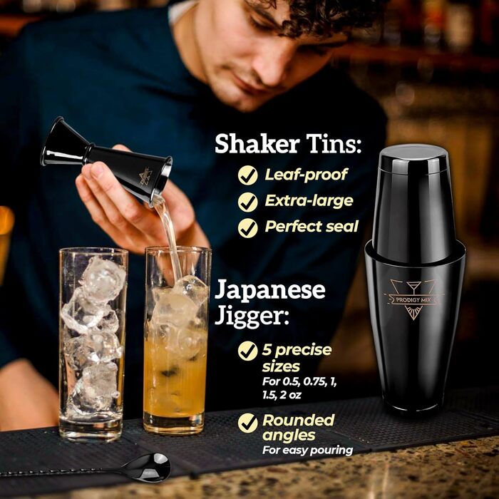Prodigy Elite Mixology Set - 20-Piece Boston Cocktail Shaker Set with Stand | Stainless Steel Bar Accessories & Bonus Recipes