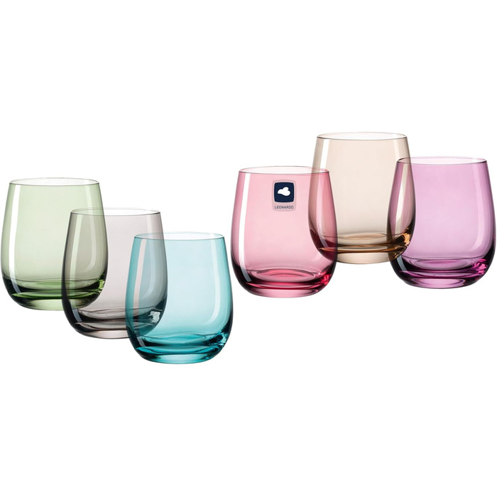 LEONARDO HOME Sora Drinking Glasses (Set of 6) • Colorful Water Glasses (360 ml) • 6 Colors • Dishwasher-Safe & Durable • Multicolored Glasses for Home, Restaurants & Parties • Juice Glass Sora • 047289