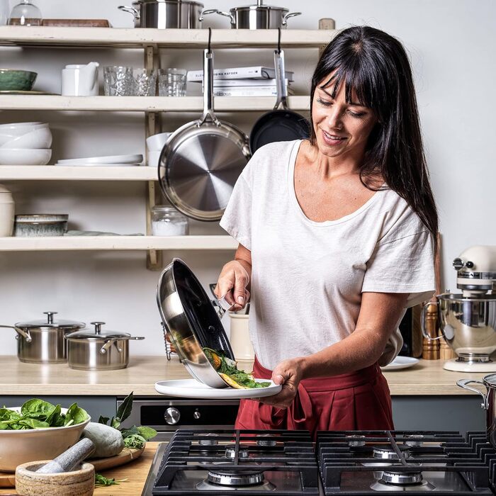 Набір сковорідок KitchenAid з нержавіючої сталі 20 см і 28 см, 3-шарове антипригарне покриття, для індукції, для духовки, посудомийної машини, з холодною ручкою, сріблястий
