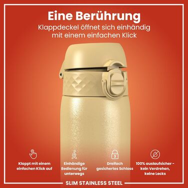 Ion8 Stainless Steel Water Bottle, 600 ml, Leak-Proof, One-Handed Opening, Secure Locking Mechanism, Dishwasher Safe, Flip-Top Lid, Carrying Handle, Easy to Clean, Durable & Scratch-Resistant (Stainless Steel, Desert)