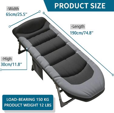 Розкладне ліжко для кемпінгу XXL - широке кемпінгове ліжко, розкладне, легке, з регульованою спинкою, для відпочинку на природі та вдома