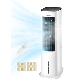 Midea 4-in-1 Portable Air Conditioner, Tower Fan with Water Cooling & Humidifier - Mobile Air Cooler with 5L Water Tank, 355m³/h Airflow, Ionizer, Remote Control (55W, White)