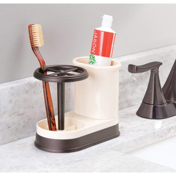 mDesign Toothbrush Holder - high-quality toothbrush holder made of plastic for the bathroom sink or vanity cabinet - practical holder for toothbrushes and toothpaste - white and matte silver (Vanilla/Bronze)