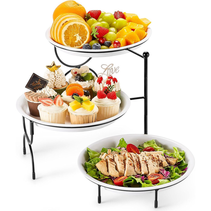 Lifewit 3-Tier Serving Tray, Round Serving Plates, White Reusable Food Trays with Display Stand for Buffets, Snacks, Vegetables, Fruit, Cookies, Dessert, Party Supplies, Black