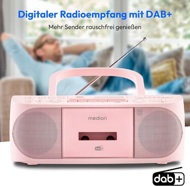 MEDION DRX-1 Plus Boombox: Портативна радіосистема з DAB+, Bluetooth, CD-плеєром, MP3, касетним провідником, AUX, акумулятором та мережевим живленням, зелений/рожевий колір