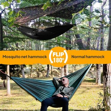 Гамак-москітна сітка NATUREFUN для кемпінгу, 300 кг, армійний зелений (275 x 140 см), швидковисихаючий нейлон, 2 карабіни, 4 шлейки