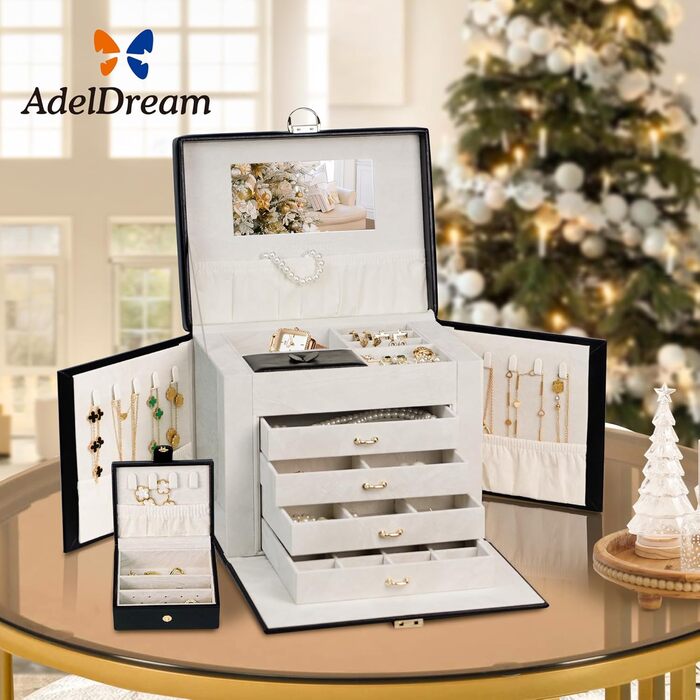 Скринька для прикрас AdelDream з дзеркалом, 5 ярусами та 5 висувними ящиками, чорна