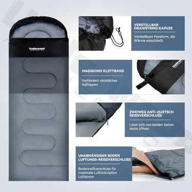 Спальні мішки для дорослих та дітей – ультралегкі, компактні спальні мішки на 3 сезони для походів та кемпінгу. Чорний, 1,3 кг