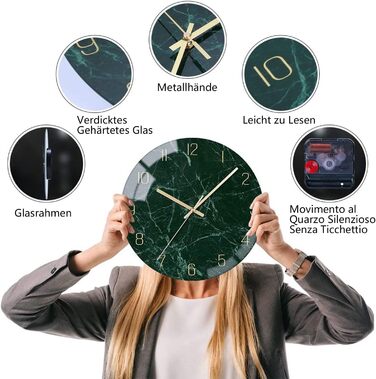 VIKMARI Glass Wall Clock Silent-Non Ticking Wall Clocks - Quality Quartz Battery-Operated Round 12 Inch Dark Green