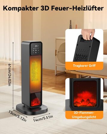 Ефективний енергозберігаючий обігрівач, 1500W PTC кераміка, 34 dB, термостат, таймер 12 год, захист від перегріву та перекидання, з пульт дистанційного керування (матовий чорний)