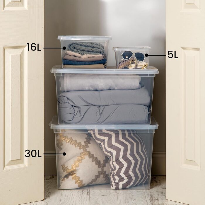 Iris Ohyama Versatile Storage Boxes, 5L, 20-Piece Set, Transparent, Easy-Close Lid, Stackable, For Closet, Shelves, Classroom, Organization, Toys, Art Supplies, Shoes, CNL-5