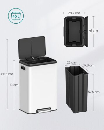 SONGMICS Відро для сміття кухонне, 40 літрів, з кришкою, з педаллю, Softclose, утримання кришки, біле LTB541E40