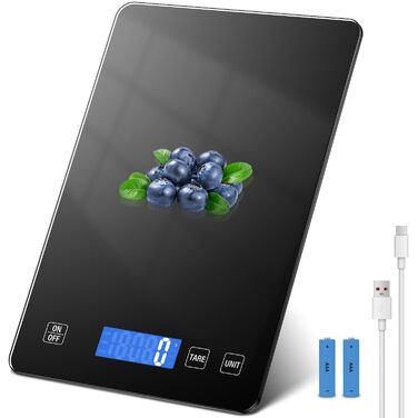 Кухонні ваги QEANY 15 кг з LCD дисплеєм, перезаряджувані, з функцією тарування, 5 одиниць вимірювання, батареї в комплекті