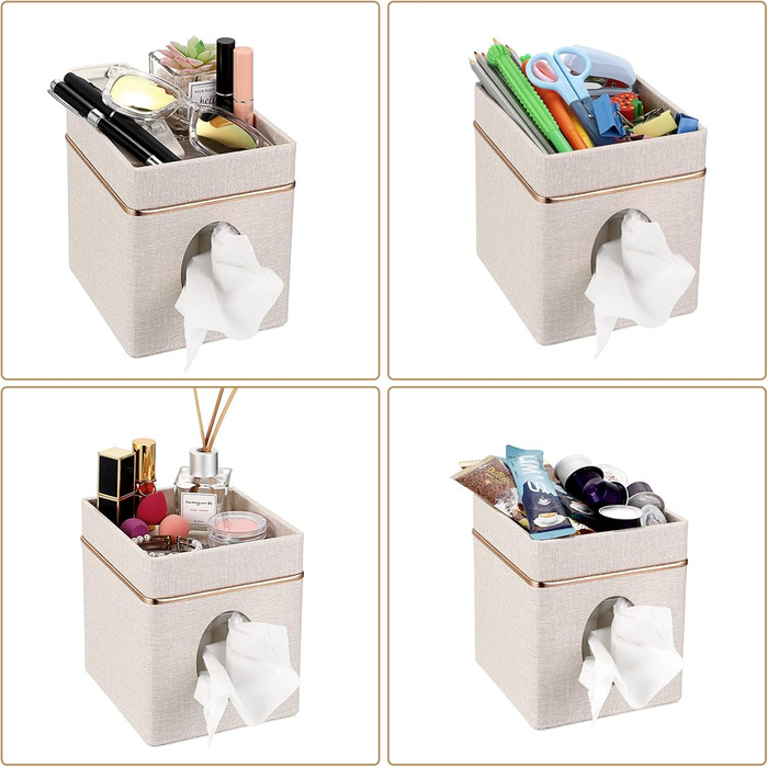 BTSKY Square Linen Tissue Box Holder with Top Shelf – Household Office Table Tissue Box with Jewelry Holder on Top, Beige