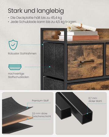 SONGMICS Chest of Drawers, Cabinet, 7 Fabric Drawers with Handles, Metal Frame, Industrial Design, Vintage Brown + Ink Black LTS137B01 (Vintage Brown + Ink Black, 29W x 98.2D x 70H cm)