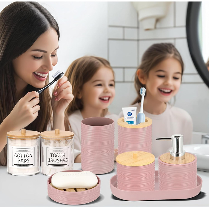 Набір для ванної кімнати IMAVO, 26 предметів: аксесуари для ванної, душова завіса, килимок, сміттєвий бак, піднос, дозатор для мила, мильниця, тримач для зубних щіток, стаканчик для зубних щіток (рожевий)