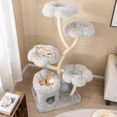 Дерев'яна кігтеточка для котів COSTWAY 165 см з 4 лежаками, печерою та сизалевими стовпчиками. Міцний каркас з металу, сірий колір.