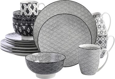 Набір посуду Vancasso Haruka 16 предметів: тарілки для їжі (26.5 см), десертні тарілки (21.5 см), миски для каші (15.2 см) та чашки (360 мл) чорного та кремового кольорів