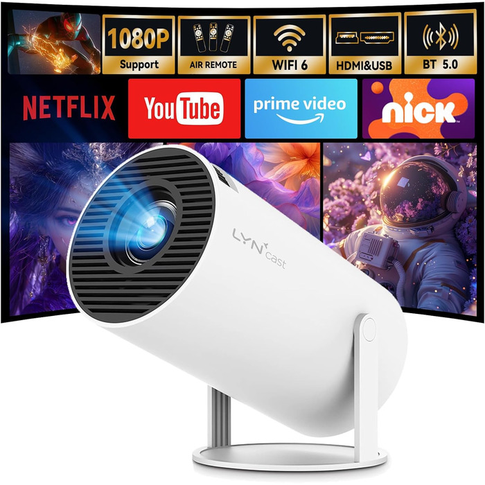 Портативний проєктор LYNCAST HY300 Pro з Wi-Fi, Bluetooth та Android 11: 1080P/4K, поворотний на 180°, для домашнього кінотеатру та на відкритому повітрі