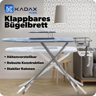 Прасувальна дошка KADAX з підвішуванням для рукавів 130x41 см, поверхня для прасування 53x13 см, з підставкою для праски та розеткою, складна, з підключенням до парогенератора, виготовлена в ЄС (Темно-синій)