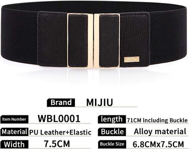 Жіночий еластичний широкий пояс для талії з пряжкою з металу, 7.5 см, чорний (для обхвату 32'-35')